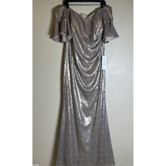 Calvin Klein Dresses & Skirts - Calvin Klein Gold Sequin Off Shoulder Flutter Sleeve Gown Gathered Waist $298